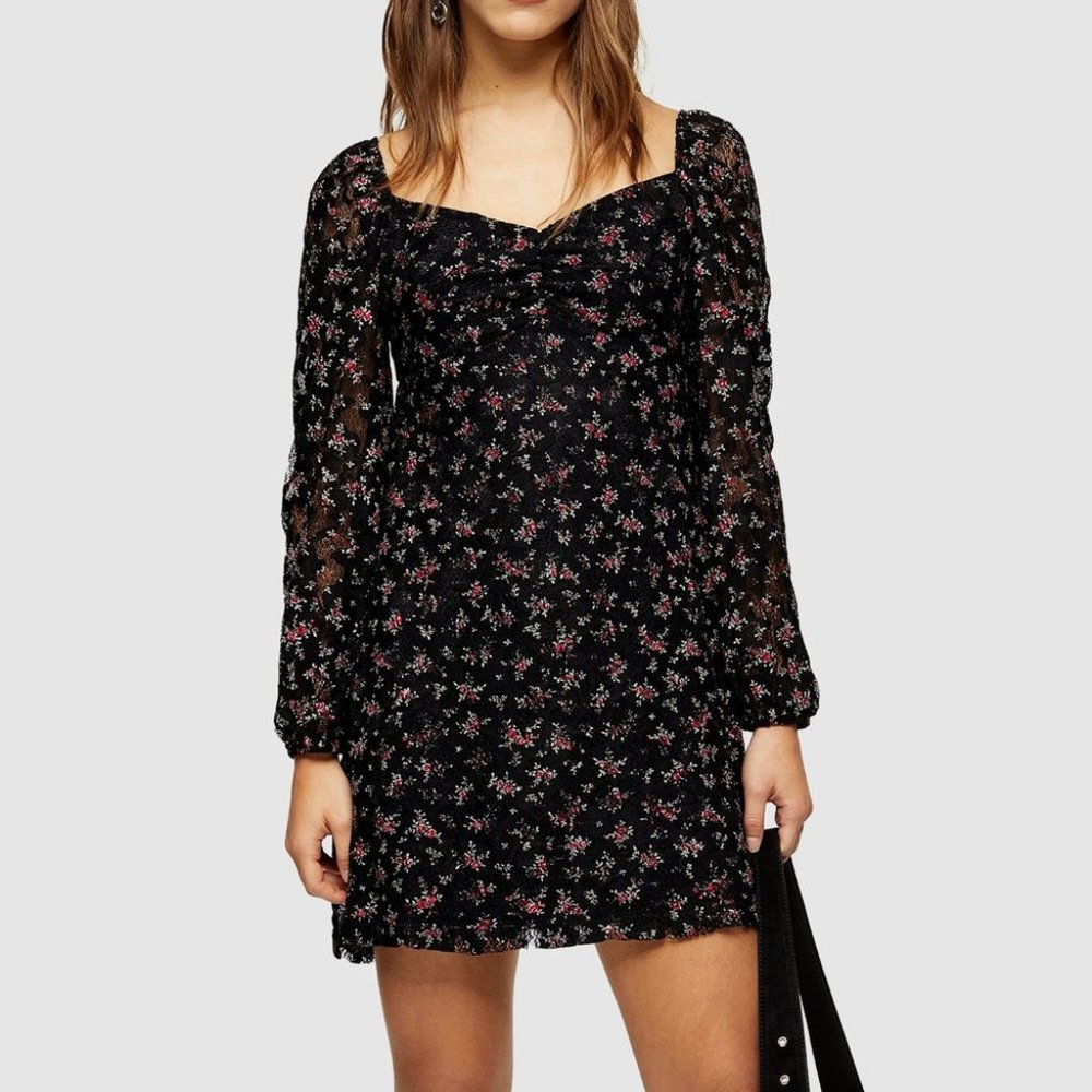 NWT Topshop women's black floral lace gypsy minidress petite size 4